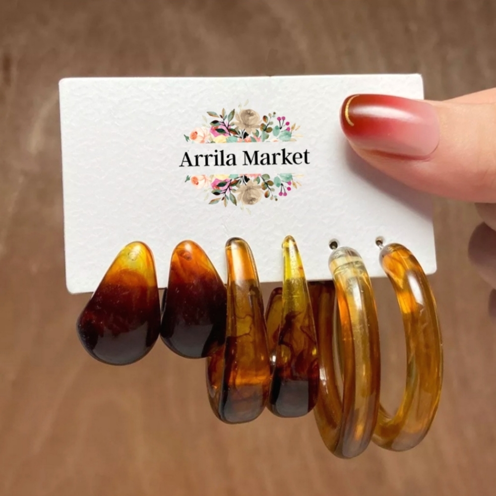 Cloudy Resin Hoop Earring Set - Amber Brown